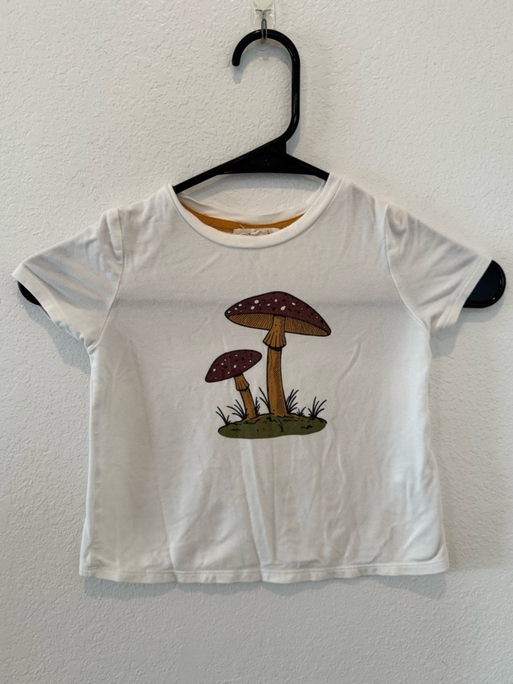 Copper Key White Tee with Burgundy & Mustard Mushroom Print